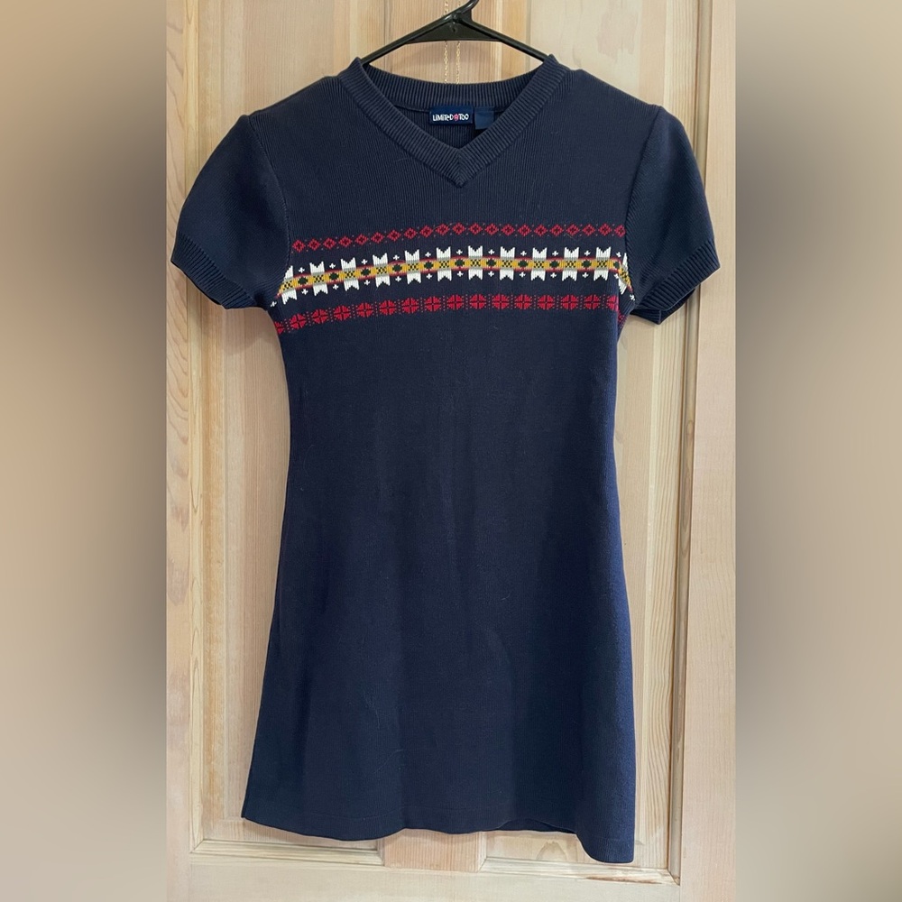 Chic Blue navy  Knit Dress with Red and Yellow Pattern